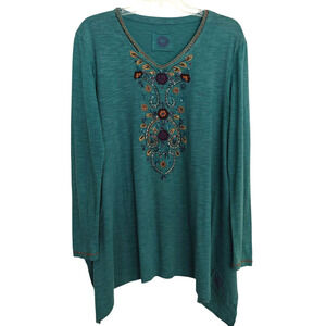 Double D Ranch Beaded Embroidered Tunic Top Size Small Teal Green Cotton Boho